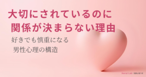 ハートのオブジェと恋愛心理ラボのテキストが配置されたピンク背景のアイキャッチ画像